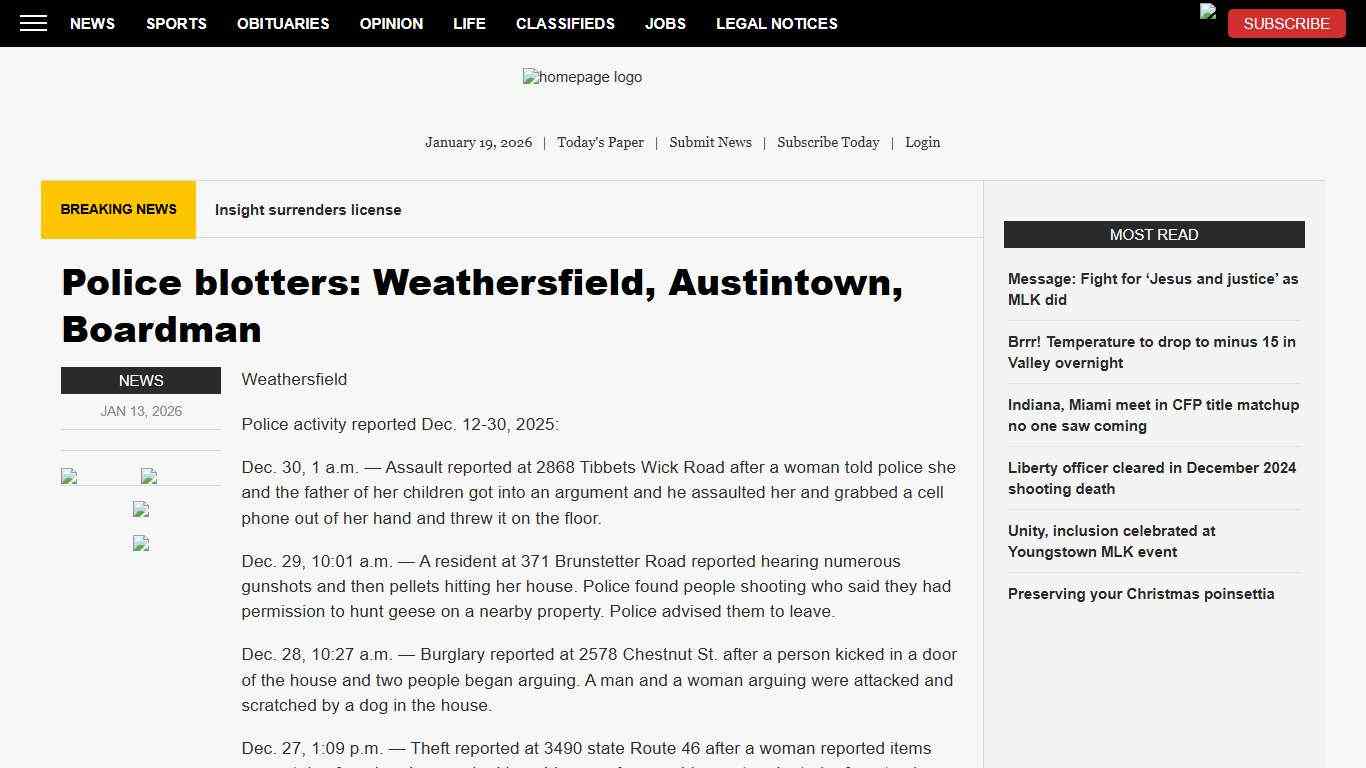 Police blotters: Weathersfield, Austintown, Boardman | News, Sports, Jobs - The Vindicator